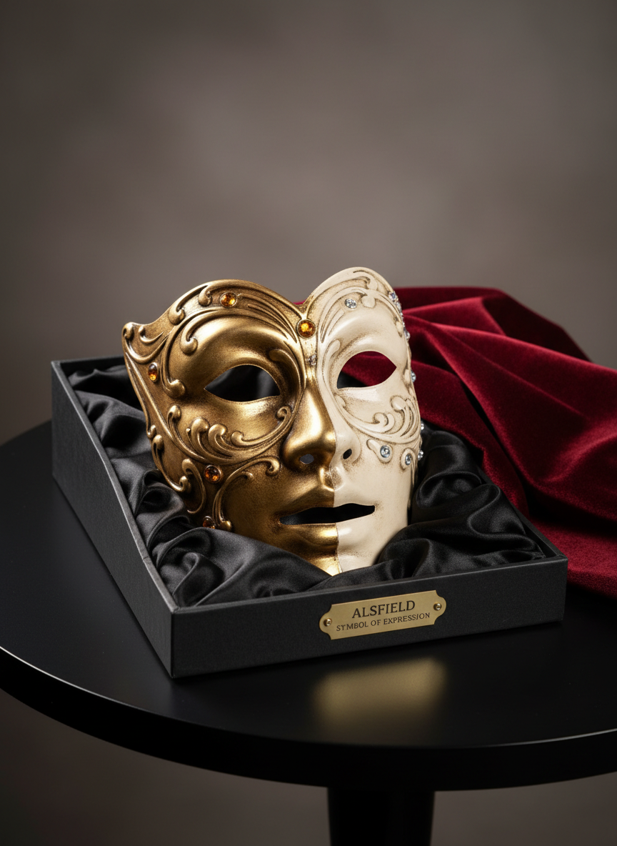 A high-resolution, photographic close-up of an ornate theater mask resting on a dark, satin-lined display box atop a smooth black table. The mask is half gold, half ivory, with intricate scrollwork engraving, tiny embedded glass stones, and a slightly aged patina that catches the light. Behind it lies a folded piece of heavy, wine-red stage curtain fabric, its texture rich and velvety. Soft, directional studio lighting from the left creates delicate highlights along the mask’s contours and deep, gentle shadows on the fabric folds. The background fades into a neutral, defocused gradient, keeping the composition clean, professional, and focused on the symbolism of theater diversity and expression in Alsfeld.