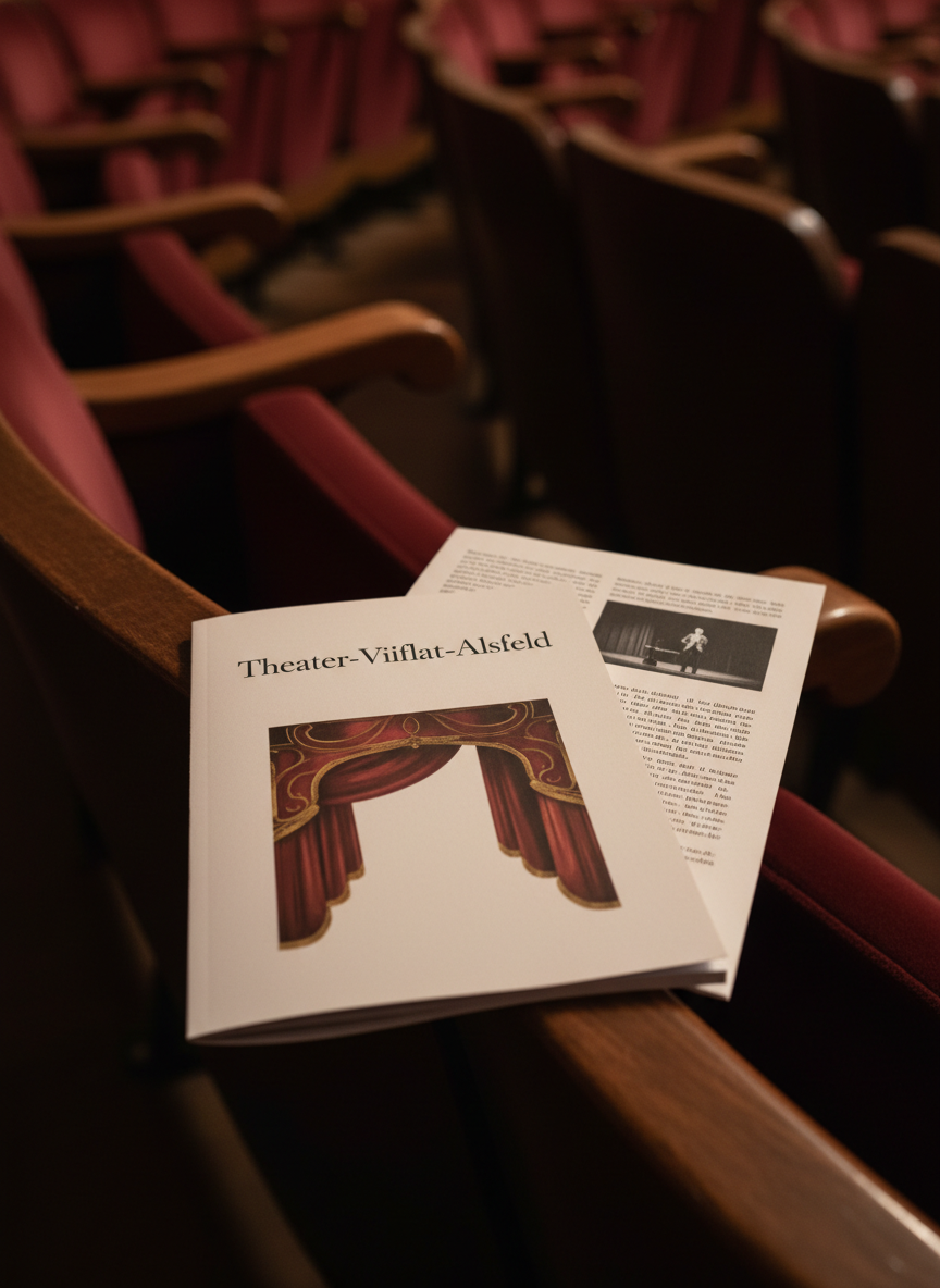 A close-up, photographic image of a detailed theater program booklet for a performance in Alsfeld, lying on a dark wooden theater seat armrest. The program features a minimalist, professional cover design with the title “Theater-Vielfalt-Alsfeld” in elegant typography above an abstract stage motif in deep red and gold. Diffused warm lighting from overhead fixtures creates gentle highlights on the slightly textured matte paper and soft shadows along its edges. In the blurred background, rows of empty upholstered seats in rich burgundy tones curve into the distance. Captured from a slightly elevated angle with shallow depth of field, the composition feels organized and refined, emphasizing preparation and cultural sophistication.