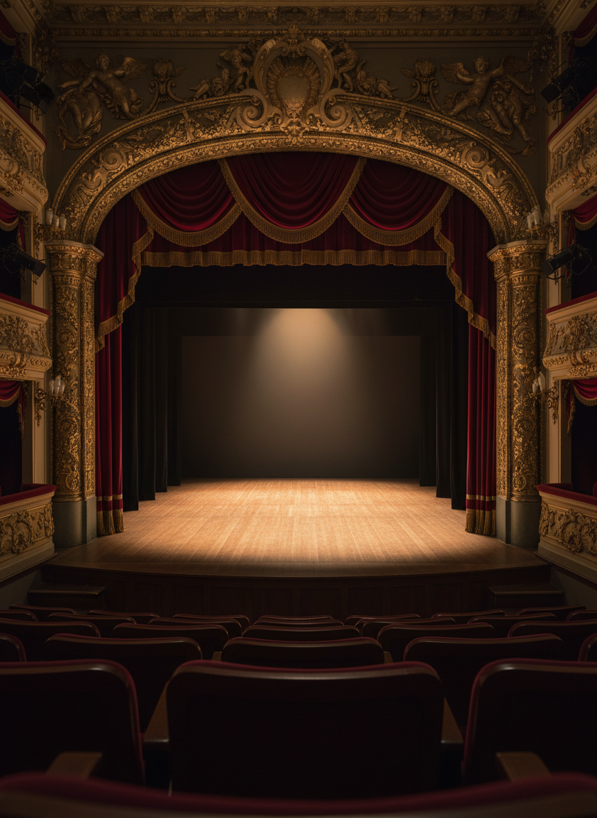 A richly detailed theater stage in Alsfeld captured in photographic realism, with deep red velvet curtains slightly parted to reveal an empty wooden stage floor polished to a subtle sheen. Ornate gold trim frames the proscenium arch, and the front rows of plush burgundy seats are visible in soft focus at the bottom edge of the image. Warm overhead stage lights cast a focused pool of light center stage while the rest of the hall gently recedes into shadow, creating a calm yet anticipatory mood. Shot from an eye-level perspective from the middle of the audience, using a moderate depth of field that keeps the stage sharp and the auditorium softly blurred, evoking professional, classic theater atmosphere.