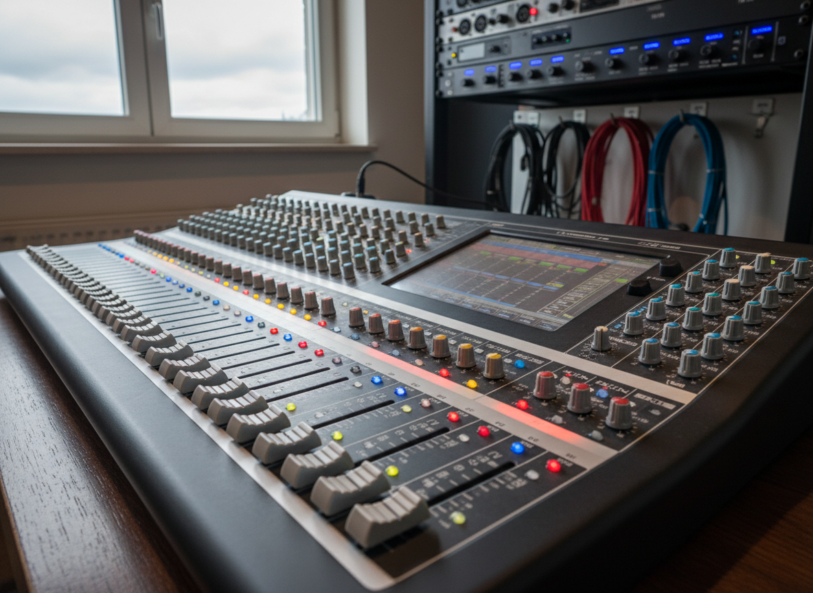A detailed, photographic close-up of a sound mixing console used in a professional theater in Alsfeld, its surface filled with rows of faders, colored LEDs, and labeled knobs. Several faders are pushed to different levels, and the small digital display shows a neatly organized scene layout for a live performance. The console sits on a dark desk near a window that lets in cool, overcast natural light, which gently reflects off the brushed metal and plastic surfaces. Background elements, slightly blurred, include rack-mounted audio equipment and coiled cables hanging on hooks. Shot from a shallow angle along the console’s length, with a shallow depth of field that emphasizes precision and control, the mood is focused, technical, and quietly sophisticated.
