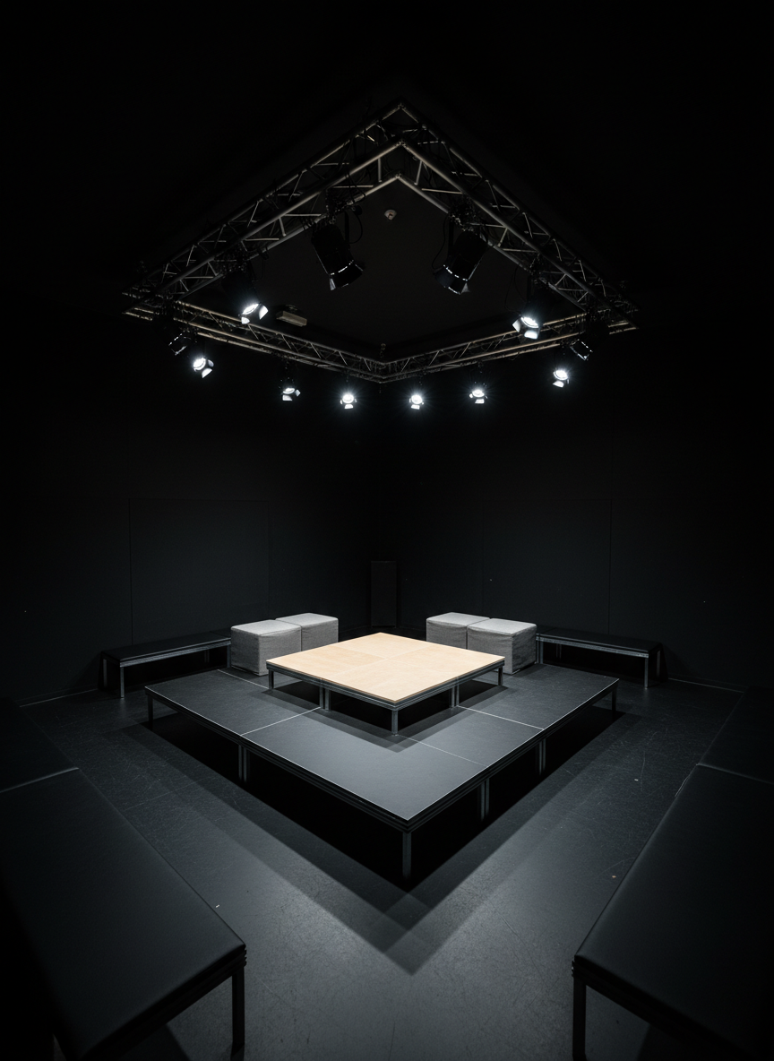 A detailed, photographic interior of a small, black-box theater in Alsfeld, with versatile modular staging blocks arranged in a minimalist performance setup. The walls are painted matte black to absorb light, and a simple, movable wooden platform stands center stage, flanked by two neutral-colored cubes that can serve as seats or tables. Adjustable LED spotlights in cool white are mounted on a visible grid above, illuminating the stage with crisp, even light while the seating area fades into soft darkness. Shot from a slightly elevated corner viewpoint, the image has a clean, modern composition with sharp focus throughout, conveying flexibility, experimentation, and the professional infrastructure supporting diverse theater forms.