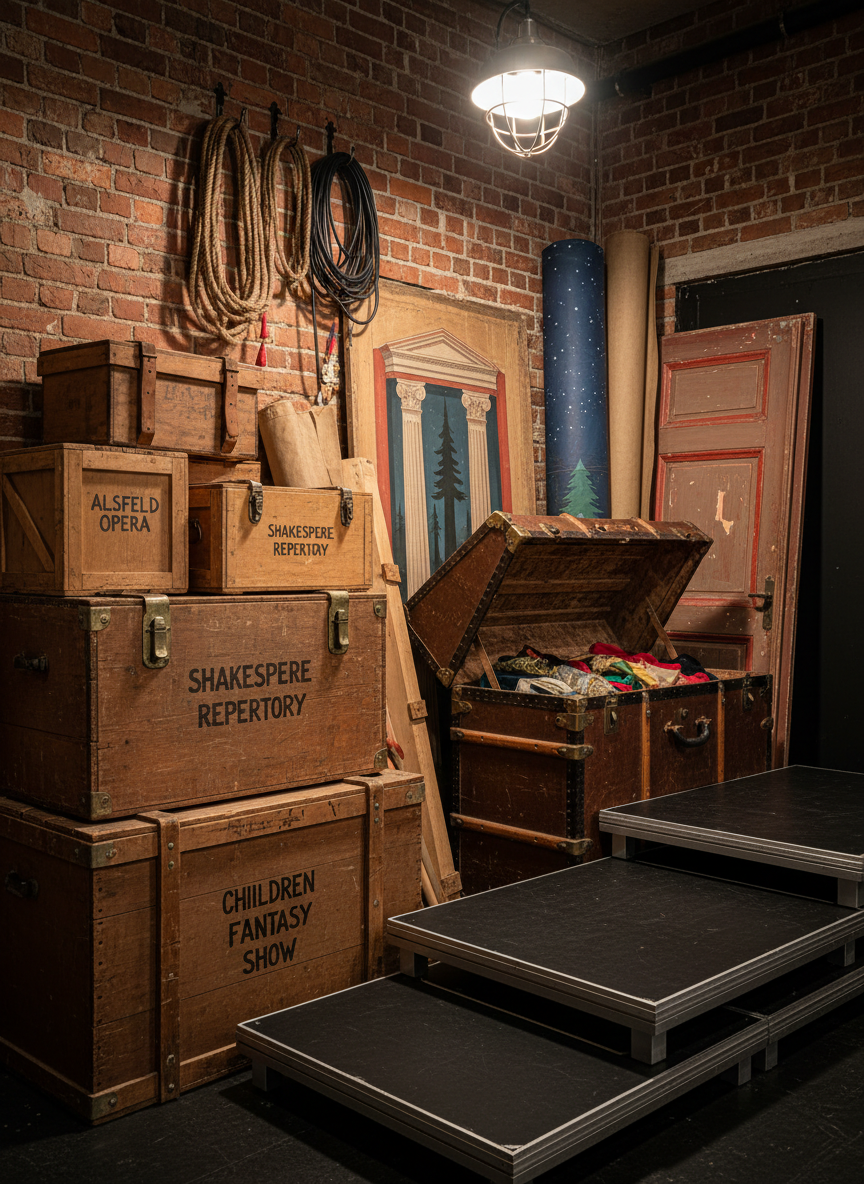 An intricate backstage scene photographed in realistic detail, showing an array of theater props and set pieces neatly arranged in a dim but organized storage area. Wooden crates labeled with handwritten production titles, a vintage trunk with brass fittings, rolled canvas backdrops, and a painted door flat lean against a brick wall. Coiled ropes, lighting cables, and neatly stacked black stage platforms add texture to the environment. A single overhead work light casts warm, directional illumination that creates dramatic shadows and highlights the worn yet cared-for surfaces. Shot from a slightly low angle, with strong depth of field to keep everything sharply in focus, the mood is industrious, professional, and quietly magical, suggesting the creative diversity of Alsfeld’s theater productions.