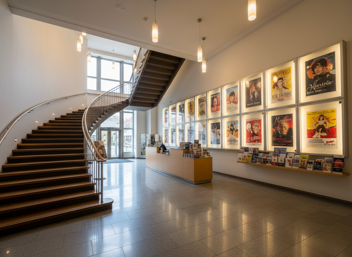 A photographic, wide-angle view of a theater foyer in Alsfeld, elegantly designed with a modern yet timeless aesthetic. A sweeping staircase with dark wooden steps and sleek metal railings curves upward, while the floor below is covered in polished stone tiles reflecting soft, warm ambient light. Along one wall, illuminated display cases showcase colorful posters of a wide variety of theater productions, each carefully framed. A concession counter with neatly arranged brochures and programs anchors the opposite side. Large windows allow diffused daylight to mingle with hanging pendant lights, creating a welcoming, professional atmosphere. Shot at eye level with sharp focus, the composition leads the eye naturally through the space, conveying cultural richness and accessibility.