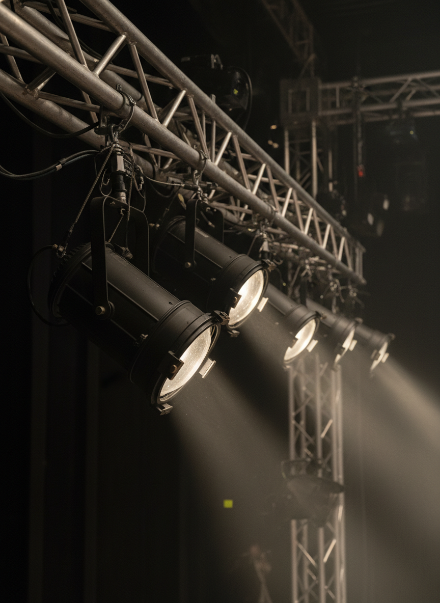 A meticulously composed, photographic image of a row of classic theater spotlights mounted on a metal truss, positioned above an unseen stage in a theater in Alsfeld. Each spotlight is a matte black cylindrical housing with small adjustment knobs and safety cables, their glass lenses reflecting faint hints of the stage below. The truss extends diagonally across the frame, with additional rigging and cables visible in crisp detail. A gentle haze in the air catches the beams of warm white light, creating visible shafts that converge downward. Backlighting from hidden fixtures outlines the spotlights with a subtle rim glow. The mood is technical yet artistic, emphasizing the professional, behind-the-scenes craftsmanship that shapes theatrical diversity.