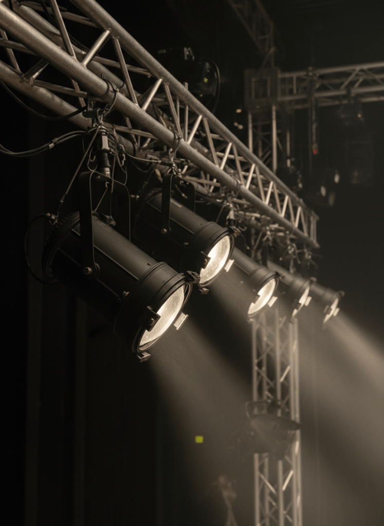 A meticulously composed, photographic image of a row of classic theater spotlights mounted on a metal truss, positioned above an unseen stage in a theater in Alsfeld. Each spotlight is a matte black cylindrical housing with small adjustment knobs and safety cables, their glass lenses reflecting faint hints of the stage below. The truss extends diagonally across the frame, with additional rigging and cables visible in crisp detail. A gentle haze in the air catches the beams of warm white light, creating visible shafts that converge downward. Backlighting from hidden fixtures outlines the spotlights with a subtle rim glow. The mood is technical yet artistic, emphasizing the professional, behind-the-scenes craftsmanship that shapes theatrical diversity.